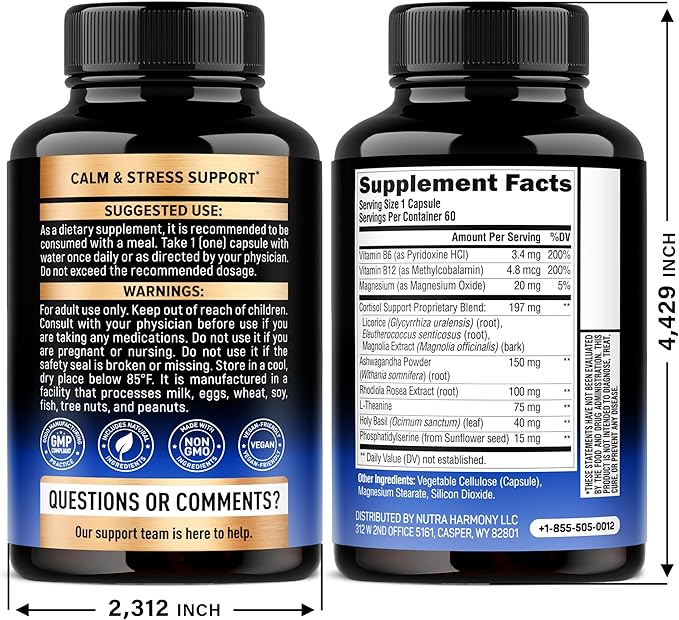 Cortisol Supplement for Women - Holy Basil | Ashwagandha | Rhodiola | L-Theanine - Plant-Based Hormone Balance - Mood Focus &amp Sleep Support - Made in USA - Vegan Non-GMO - Pack of 2 4 Month Sup