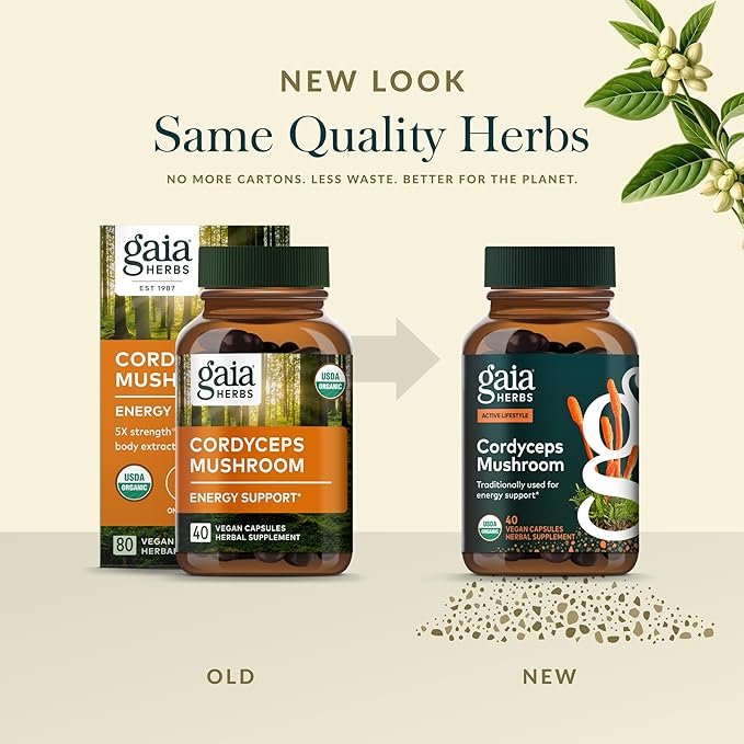 Gaia Herbs Cordyceps Mushroom - Traditionally Used to Support Sustaining Energy &amp Endurance* - One Daily with Organic Cordyceps Mushroom - 40 Vegan Liquid Phyto-Capsules (40 Servings)