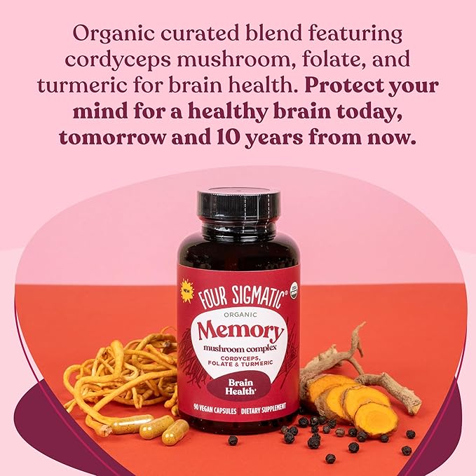 Four Sigmatic Memory Capsules | Reduce Brain Fog &amp Improve Memory | Nootropic Supplement for Brain Support with Cordyceps Mushroom Gotu Kola Turmeric Ashwagandha &amp Folate | 30 Servings