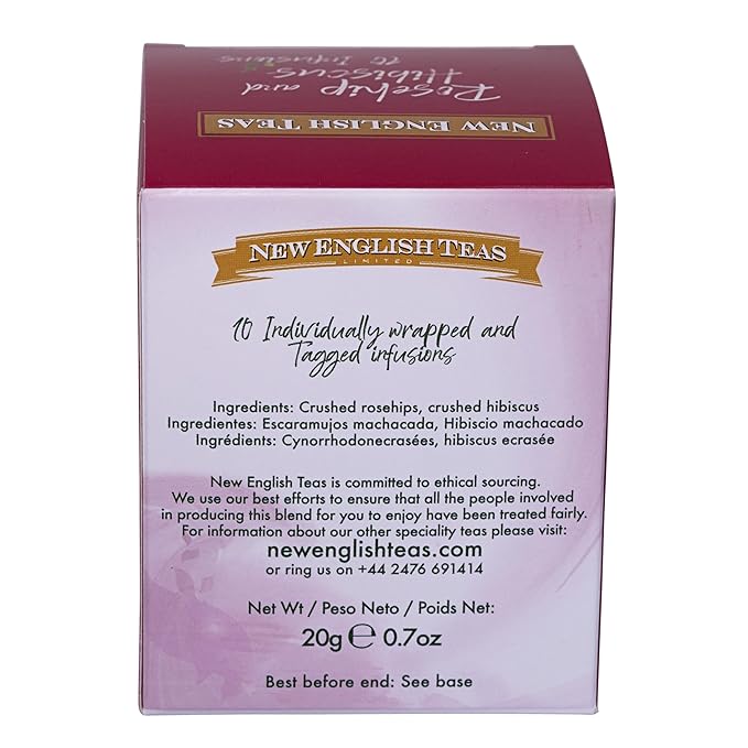 New English Teas Fruit &amp Herbal Tea 120 Teabags 12 Packs of 10 Individually Wrapped Tea Bags Naturally Caffeine Free (Rosehip &amp Hibiscus)