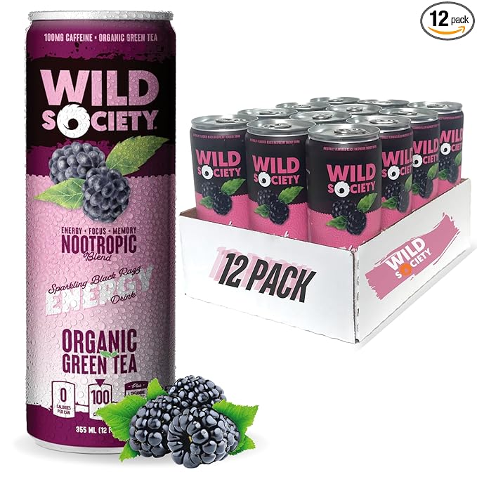 Wild Society Natural Energy Drink + Nootropics (12 pack) - 100 mg Organic Caffeine from Green Tea - Zero Sugar &amp Zero Calories - Monk Fruit Sweetened - Clean Ingredients - Fuel Mind &amp Body - B