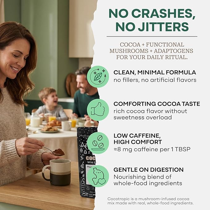 Organic Cocotropic Mushroom Hot Cocoa - Mushroom Coffee Alternative | Sugar Free Hot Chocolate | Organic Cocoa Powder Reishi Mushrooms Chaga Maca Root Turmeric | Delicious Sustained Focus Energy