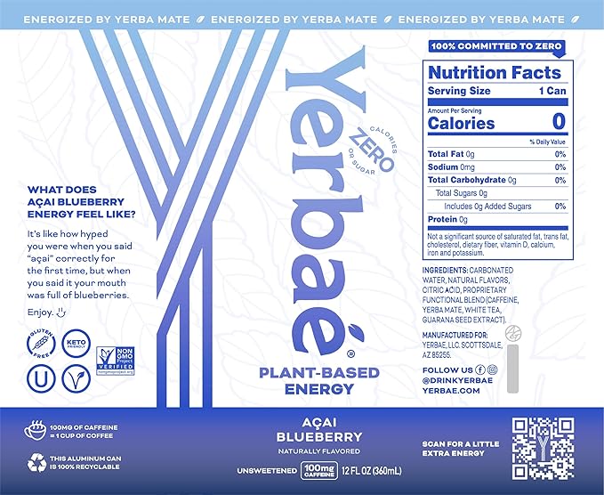 Yerbaé Energy Seltzer - Variety Tropical Pack No Sugar/Calories/Carbs. Energized by Yerba Mate Naturally Caffeinated &amp Plant-Based Healthy Alternative to Coffee/Sugary Sodas Pack of 12 12oz c
