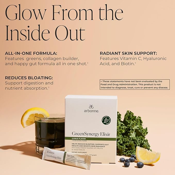 Arbonne GreenSynergy Elixir – Citrus-Flavored Greens Powder with 13 Digestive Enzymes Vegan Collagen Builder Probiotics and Prebiotics – Supports Gut Health and Digestion – 30 Stick Packs