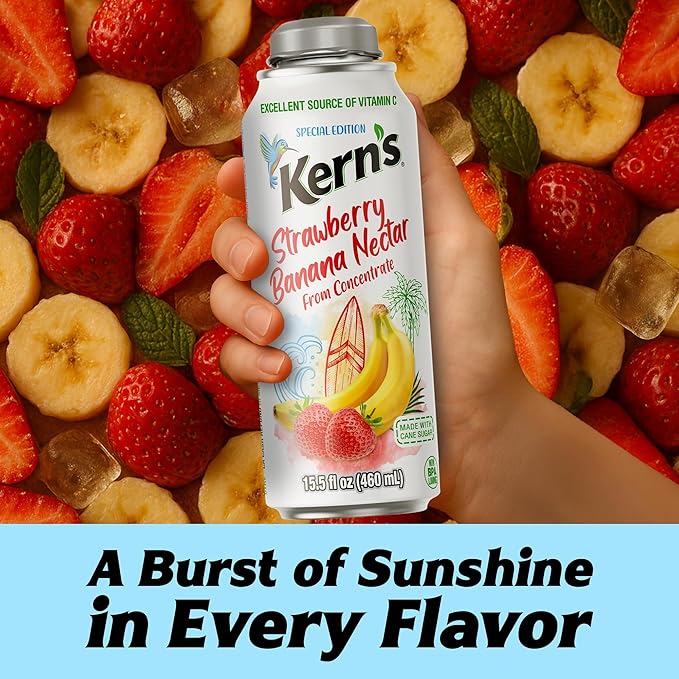 Kern’s Strawberry Banana Nectar Lata Botella - Fresh Fruit Puree &amp Tropical Fruit Juice Concentrate for Smoothie Mix Cocktail Mixers &amp Kids Beverages - 15.5oz 12 Pack Resealable Juice Bottle