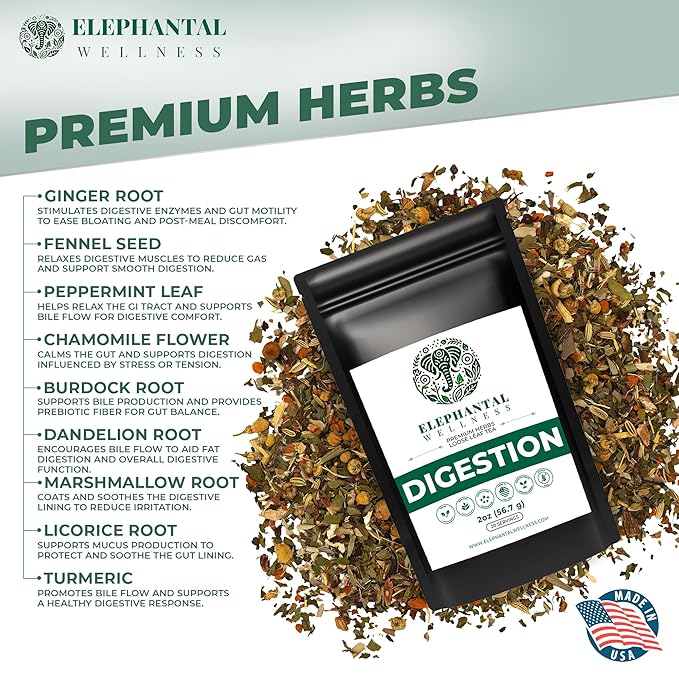 Elephantal Wellness Digestion Herbal Tea – Supports Healthy Digestion &amp Gut Comfort | Burdock Root Ginger Fennel Peppermint Turmeric &amp Chamomile | Caffeine-Free Loose Leaf Tea – 2oz 20 Se