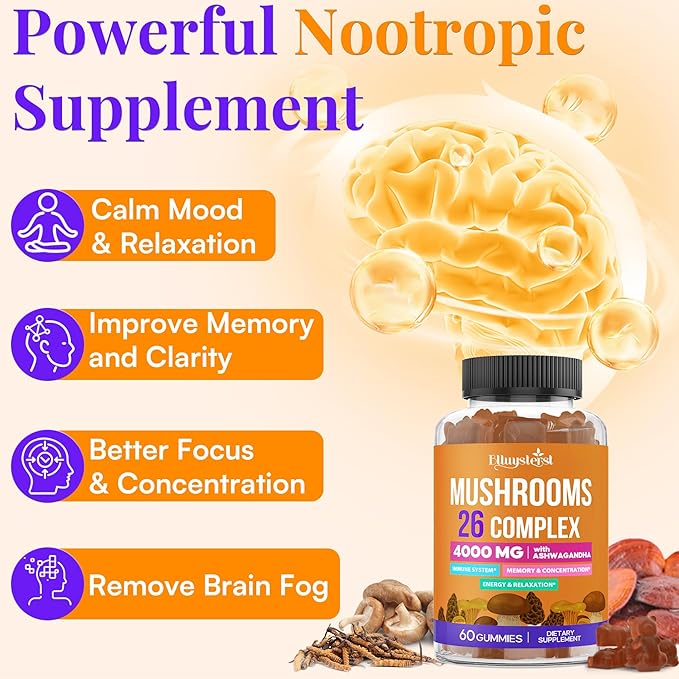 Mushroom Gummies for Adults 4000mg Brain Supplements for Memory and Focus 26 in 1 Mushroom Supplement Complex with Ashwagandha &amp Lion's Mane Turkey Tail Reishi Cordyceps Organic 120 Count