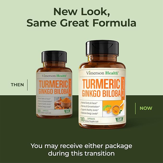 Ginkgo Biloba and Turmeric Curcumin Supplement with Black Pepper &amp Organic Tumeric – Natural Turmeric Supplement for Focus Memory Joint &amp Brain Health – 180 Vegan Ginko Biloba Capsules with