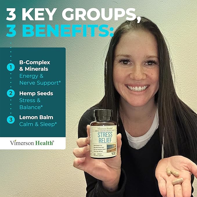 Stress Relief Supplement with 5HTP Ashwagandha Valerian St John’s Wort GABA Chamomile &amp B-Vitamins - Promotes Relaxation Sleep Calm &amp Balanced Mood Energy &amp Focus. Vegan Non-GMO