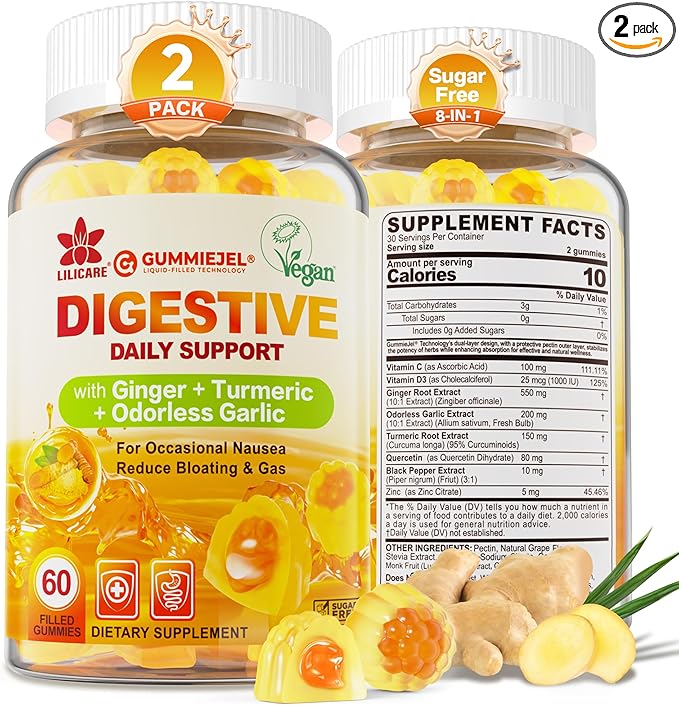 Ginger Chews Gummies for Nausea &amp Digestive Support Stomach Relief Sugar Free with TurmericOdorless Garlic Quercetin Vitamin D3Digestive Supplements for Occasional Bloating &amp Gas 2Pack