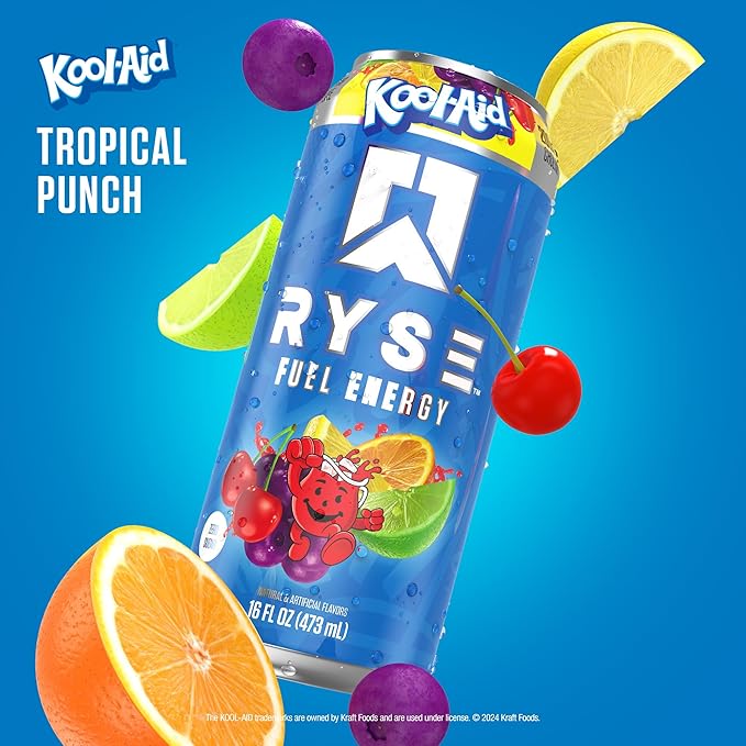 RYSE Fuel Energy Drink - Kool-Aid Tropical Punch - Sugar Free Gluten Free &amp Vegan - 200mg Natural Caffeine Taurine &amp Choline for Focus &amp Energy - No Artificial Colors - 16 fl oz Cans (12
