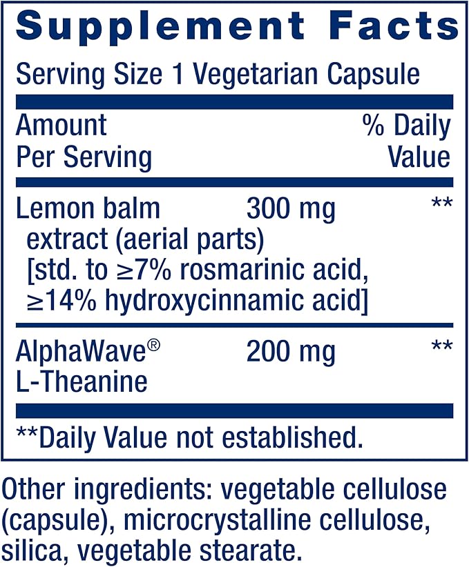 Life Extension Enhanced Stress Relief Lemon Balm Extract L-theanine decompress with This Supplement for Stress Gluten-Free Non-GMO Vegetarian 30 Capsules