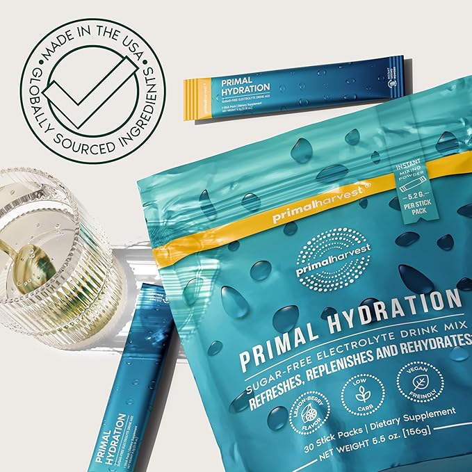 Primal Harvest Electrolytes Powder Packets Primal Hydration Easy Open Packets Energy Drink Mix (Lemon Berry 30 Packs) (1 Bag)
