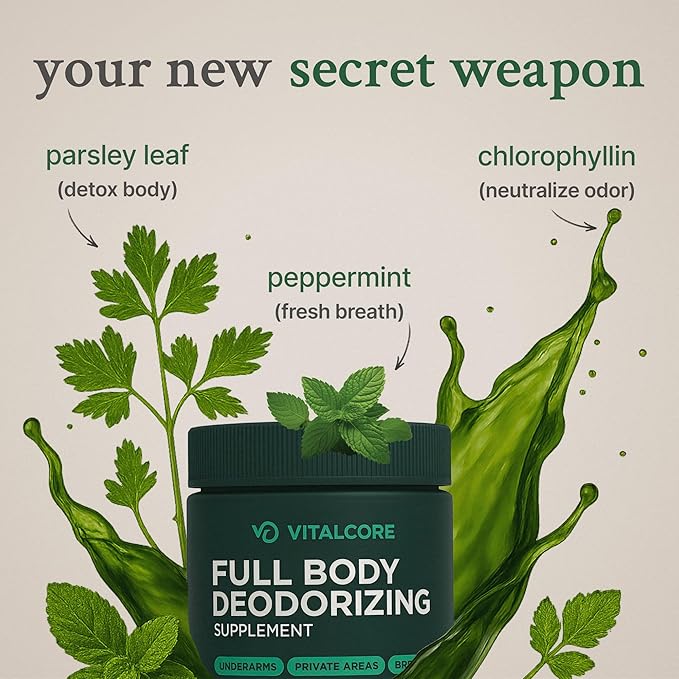 Body Deodorizing Supplement - 200mg Chlorophyll Capsules for 24hr Freshness | Gut &amp Skin Health | Vegan Body Magic Capsules (60ct)