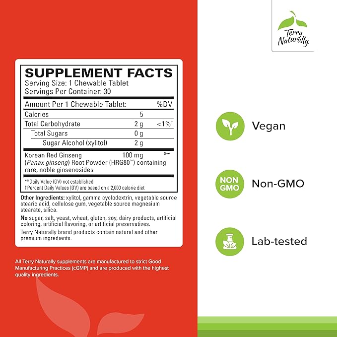 Terry Naturally HRG80 Red Ginseng Energy - Support Healthy Energy &amp Focus - Herbal Supplement with Korean Red Ginseng Root Powder - Vegan Tablets to Aid Healthy Endurance - 30 Chewable Tablets