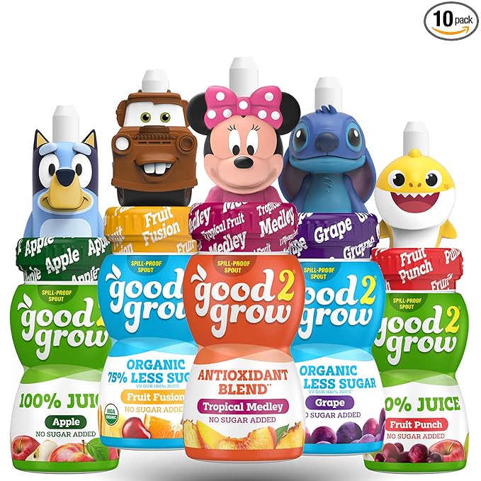 Good 2 Grow Apple Juice boxes With Character Tops (10 Pack) 5 Flavor | Fruit Fussion | Apple Juice | Fruit Punch | Grape | Tropical Medley | Spill Proof Spout | Reusable BPA free packaging satisfy ki