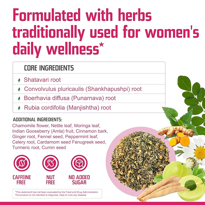 Newjiva Women's Wellness Herbal Tea - 40 Tea Bags Per Pack - All Natural - Caffeine Free - Includes Chamomile Moringa Shatavari Indian Gooseberry (Amla) fruit &amp more - GMP Certified Facility