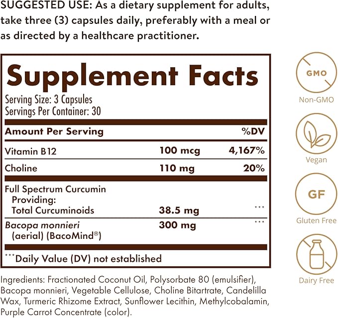 Solgar Full Spectrum Curcumin Brain Works 90 Licaps - Support Memory Recall Focus Cognitive Function - Antioxidant Support - Curcumin BacoMind Choline Vitamin B12 - Non-GMO Vegan - 30 Servings