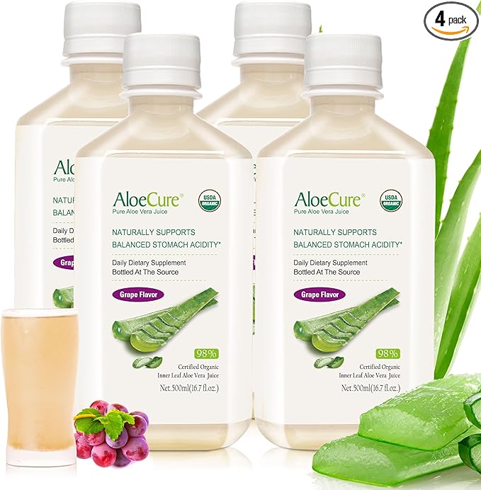 AloeCure USDA Organic Aloe Vera Juice Grape Flavor Made Within 12 Hours of Harvest - Pure Aloe Vera Digestive &amp Immune Health Supplement Helps Maintain Balanced Stomach Acidity 16.7oz x 4 Btls