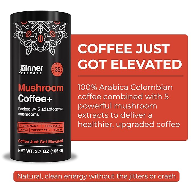 Inner Elevate Mushroom Coffee Superfood with 5 Adaptogenic Mushrooms - Upgraded Coffee Alternative with Half Caffeine - Arabica with Lion's Mane Cordyceps Chaga Reishi Turkey Tail and L-Theanine
