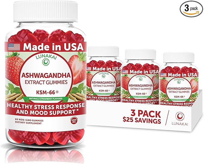 Lunakai USA Made KSM-66 Ashwagandha Gummies for Women &amp Men – Daily Vegan Supplement for Stress Mood &amp Sleep Support – 3 Pack