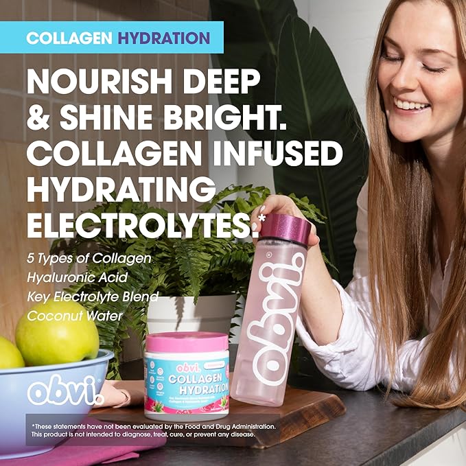 Obvi Hydration Powder | Electrolyte &amp Collagen Peptide Complex | 5 Types of Collagen with Hyaluronic Acid | Supports Skin Elasticity &amp Joint Health | Sugar-Free | Raspberry Rose 30 Servings