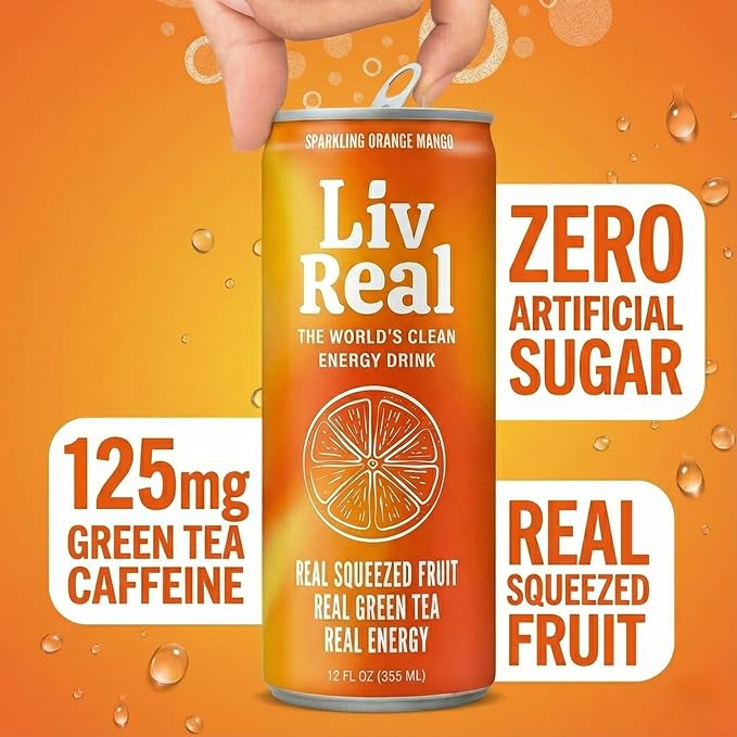 LivReal Clean Energy Drink – Organic Green Tea Caffeine 125mg + L-Theanine 100mg – Real Fruit No Sweeteners or Flavorings – Vitamin C &amp B Complex – Sparkling Orange Mango Water – 12 Pack 12 fl o