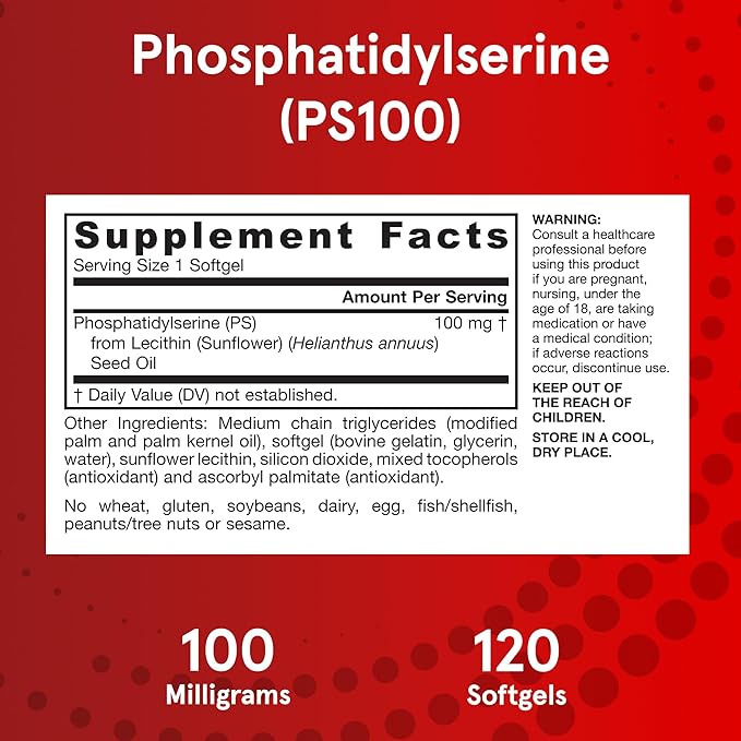 Jarrow Formulas PS100 Phosphatidylserine 100 mg Dietary Supplement for Brain Health and Cognition Support 120 Softgels 40-120 Day Supply