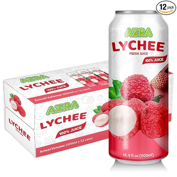 AZRA 100% Lychee Juice – Exotic Fruit Juice in 500ml Cans – Zero Sugar Juice Healthy Beverages Variety Pack for Kids and Adults – Bulk 100% Juice Pack 12 Count
