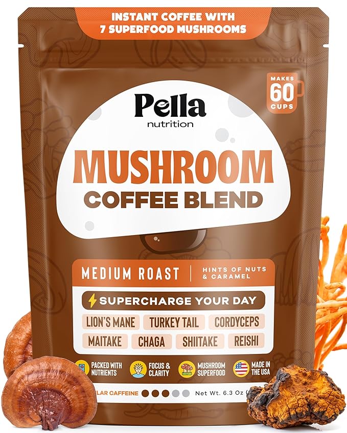 Pella Nutrition Mushroom Coffee – Lions Mane Reishi Chaga Cordyceps Shiitake Maitake and Turkey Tail Mushroom Supplement – Superfood Instant Coffee for Focus &amp Energy (Regular Caffeine 60 C