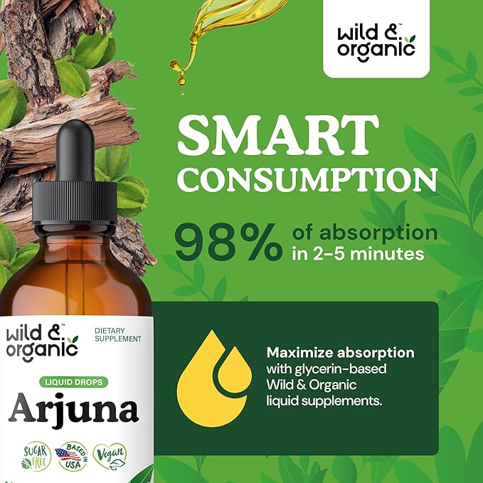 Wild &amp Organic Arjuna Bark Extract Drops - Antioxidant Support - Terminalia Arjuna Extract Supplement - Add to Tea &amp Mix with Powder - No Sugar &amp Alcohol Non-GMO Vegan - 4 fl oz