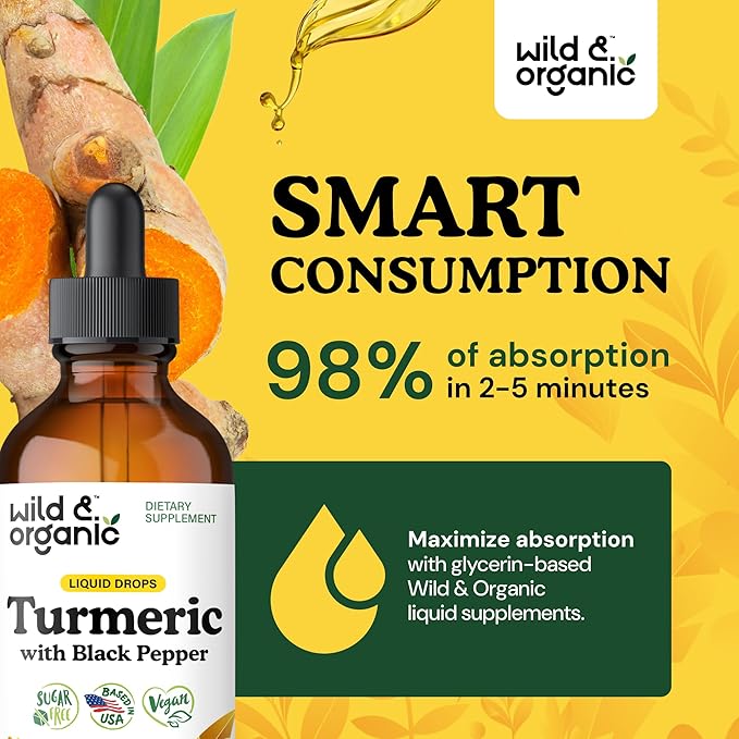Wild &amp Organic Turmeric Tincture - Turmeric Curcumin with Black Pepper Extract - Mobility Support Supplement - Curcumin Root Liquid Drops - Vegan Sugar &amp Alcohol-Free - 4 fl oz