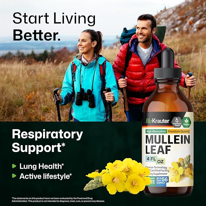 BIO KRAUTER Mullein Drops for Lungs 4 Fl. Oz - 56 Days of Supply - Pure Mullein Leaf Extract for Lung Detox &amp Cleanse - Vegan Respiratory Supplements - Non-GMO No Sugar &amp Alcohol
