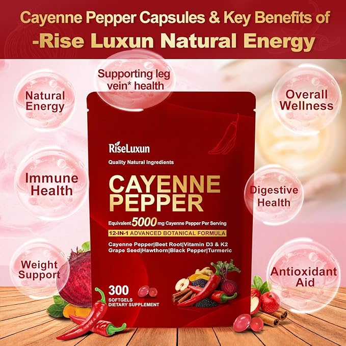 12-in-1 Cayenne Pepper Capsules Supplement* 5000mg Per Serving Containing | Vitamin D3 K2+E &amp Extracts of Grape Seed Hawthorn Beetroot Berberine Other Extracts