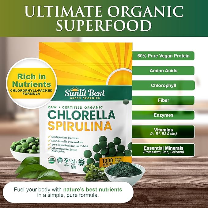 Sunlit Best Chlorella Spirulina Tablets - Organic USDA Premium Spirulina and Chlorella Tablets 1000 Count - Sun Chlorella Pure Natural Superfood with Algae Enzymes Chlorophyll &amp Vegan Protein