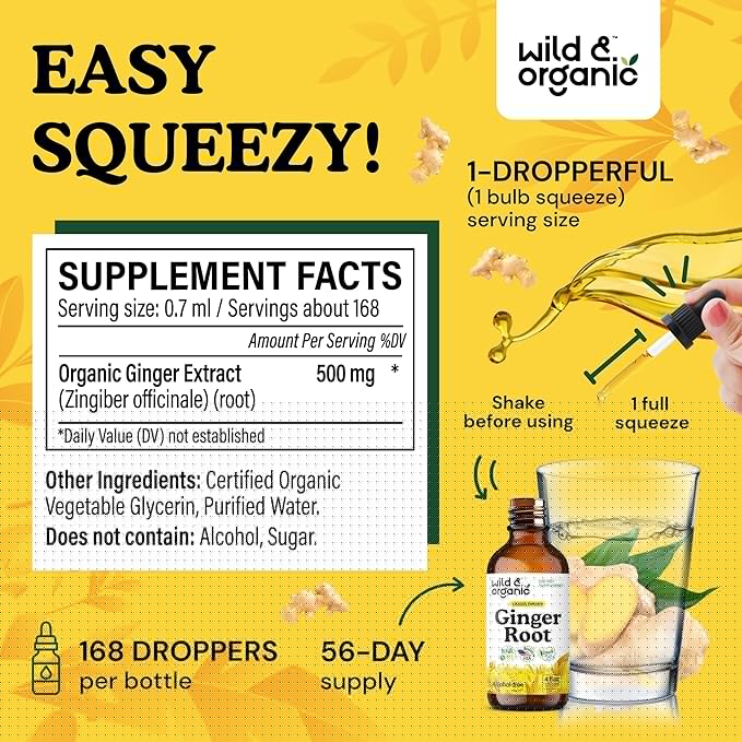 Wild &amp Organic Ginger Root Extract Drops - Immune &amp Digestive Support - Liquid Ginger Supplements - Vegan Sugar &amp Alcohol-Free Tincture - 4 fl oz