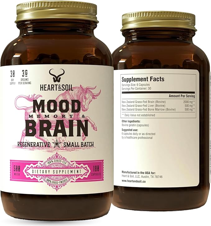 HEART &amp SOIL – 100% Grass Fed &amp Finished Beef Brain Supplement from Regenerative Cattle – for Cognitive Function &amp Memory – 3000mg Focus Supplement with Beef Organs – Glass Bottle – 180 Ca