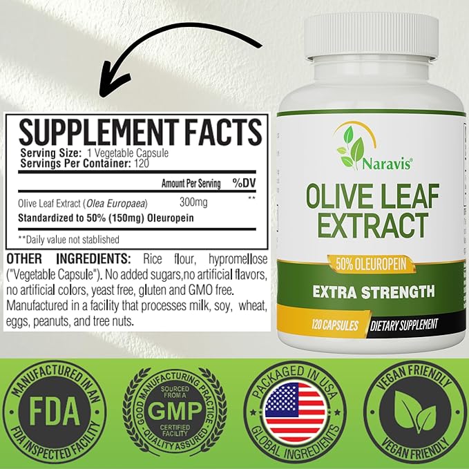 Naravis Olive Leaf Extract - 50% Oleuropein Immune Support Supplement - 120 Capsules (4-Month Supply)