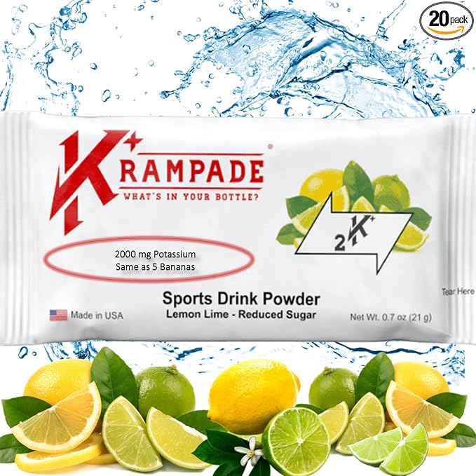 Krampade Original Reduced Sugar 2K - 2000 mg Potassium Electrolyte Powder Drink Mix | Cramp Relief - Hydration - Increased Performance | Lemon Lime - 20 Single Serving Packets