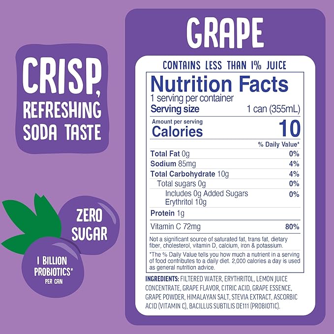 Cove Probiotic Soda Zero Sugar Better-For-You Alternative - Refreshing Delicious Probiotic Drink No Synthetic Colors &amp Caffeine Free - Grape 12 Pack