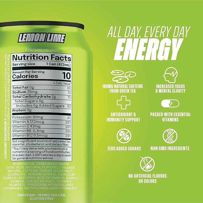 LICK Energy Drink - Zero Sugar No Crash Green Tea Caffeine (180mg) with Antioxidants and Vitamins A B6 B12 and C 16oz (12pk) - Lemon Lime