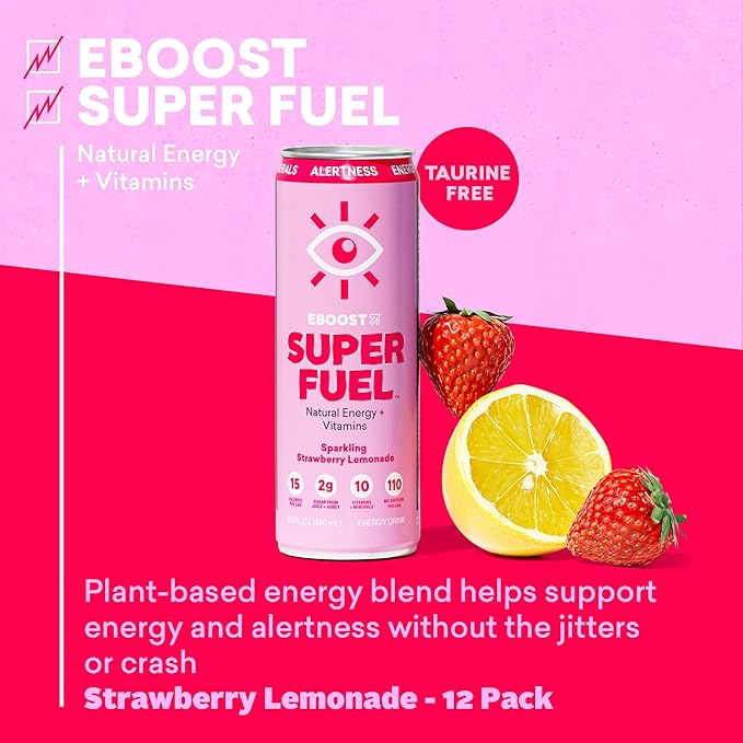 EBOOST SUPER FUEL Healthy Energy Drink - Strawberry Lemonade: 12 Healthy Energy Drinks - Focus &amp Productivity - 110 mg Caffeine + Nootropics &amp Electrolytes - No Sucralose Taurine Artificial