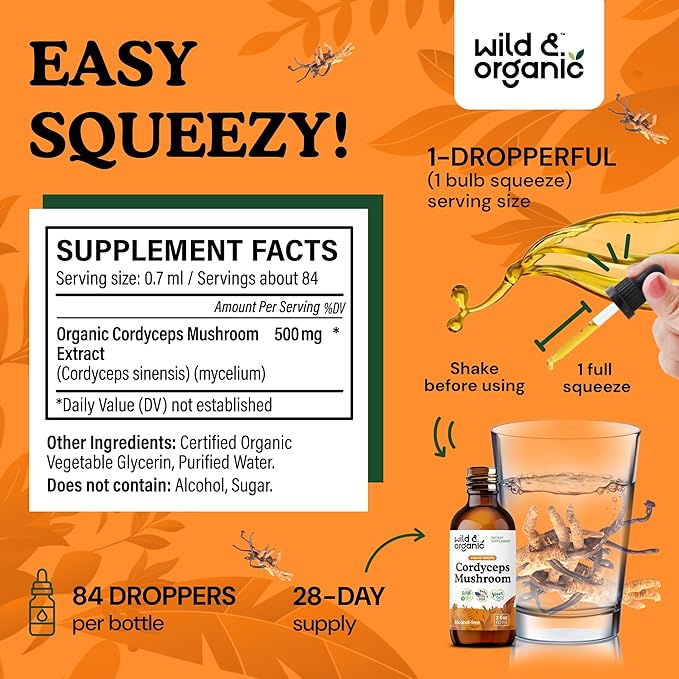 Wild &amp Organic Cordyceps Mushroom Tincture - Cordyceps Extract Supplement for Energy &amp Immune Support - Liquid Sinensis Mushroom Drops - Vegan Sugar &amp Alcohol-Free - 2 fl oz