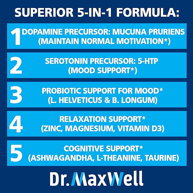 Serotonin and Dopamine Supplements with Mood Probiotic 5in1 Support for (1) Dopamine (2) Serotonin (3) Mood (4) Relaxation (5) Focus &amp Brain 60 Capsules