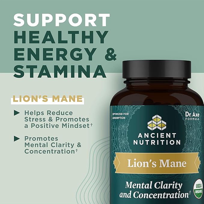 Organic Lion's Mane Mushroom Supplement with Ashwagandha by Ancient Nutrition Organic Lion's Mane Supports Healthy Energy and Concentration Reduces Fatigue Gluten Free and Keto Friendly 30 Tablets