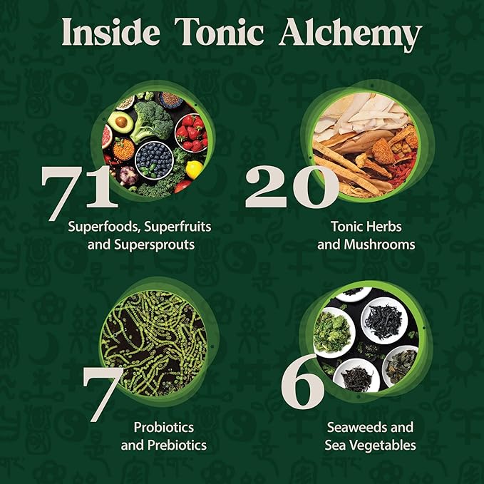 Dragon Herbs Tonic Alchemy Superfood Greens Powder with 91 Ingredients: Tonic Herbs Ashwagandha Mushrooms Probiotics Super Greens Seaweeds Fruits Vegetables Spirulina - 30 Servings