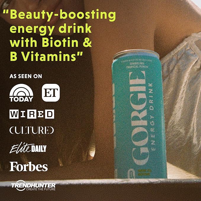 GORGIE Tropical Variety Sugar-Free Natural Energy Drink Sparkling Healthy Energy Drinks - Green Tea Biotin B Vitamins -150mg Caffeine Vegan &amp Low Calorie (Pack of 12)
