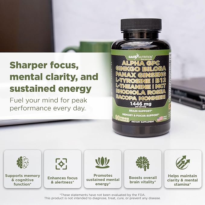 Gade Nutrition Alpha GPC + Ginkgo Biloba + Panax Ginseng + L- Tyrosine L-Theanine Bocopa Monnieri Rhodiola Rosea B12 MCT