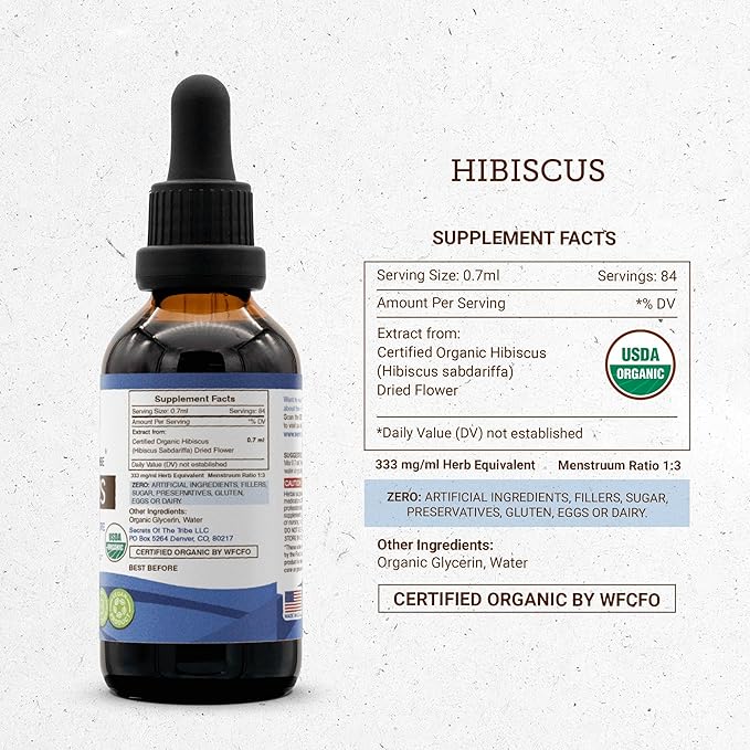 Secrets of the Tribe Hibiscus Tincture Alcohol-Free Liquid Extract USDA Organic Hibiscus Sabdariffa Dried Flower (2 FL OZ)