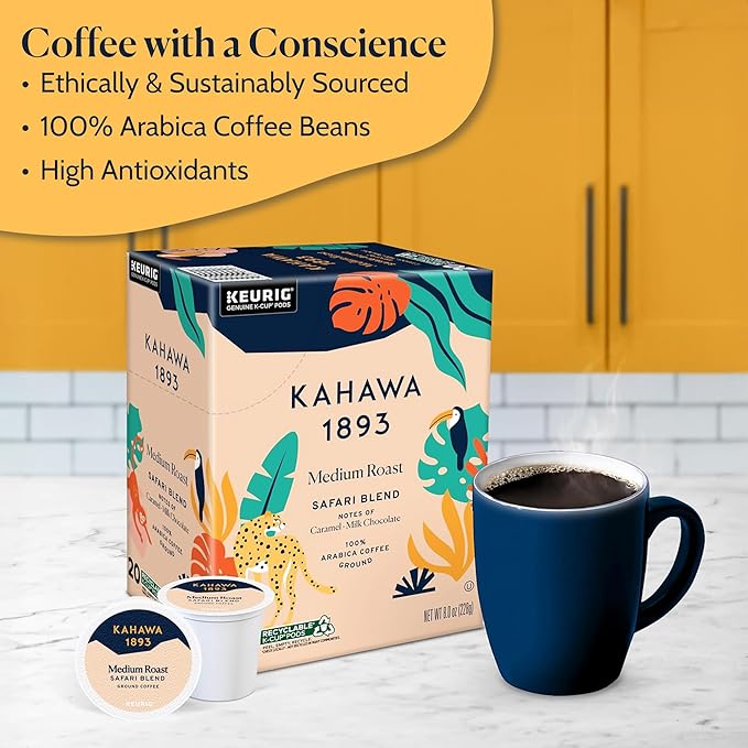 Kahawa 1893 Medium Roast Coffee K-Cup Pods Safari Blend (20 Count) - As Seen on Shark Tank High Antioxidants Naturally Sweet Organically Grown &amp Cultivated Ethically &amp Sustainably Sourced